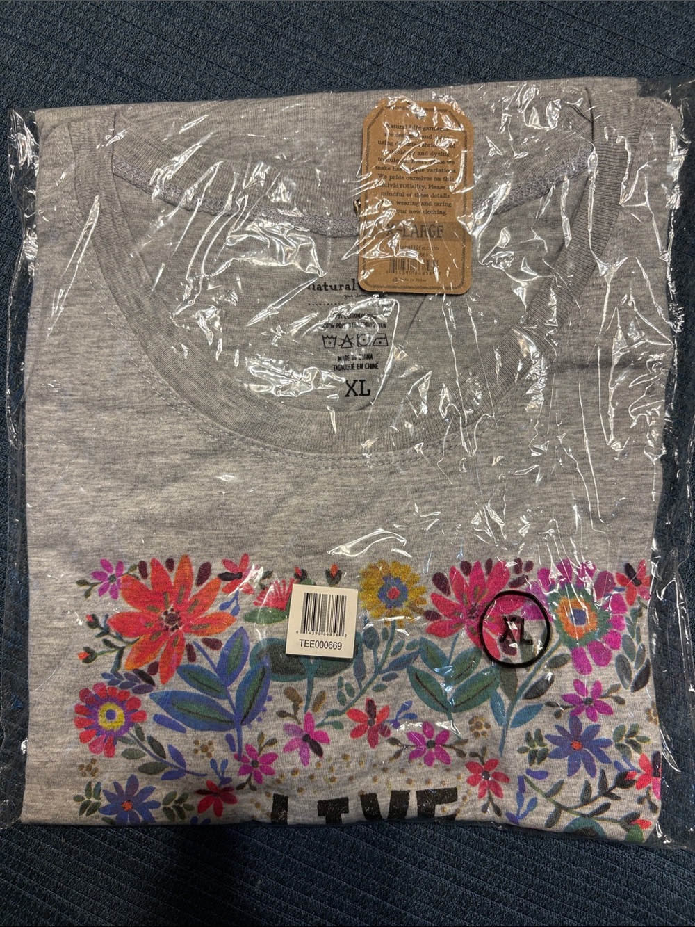 NATURAL LIFE Gray Short Sleeve Tee with Bright Floral Print- “ Live Happy”